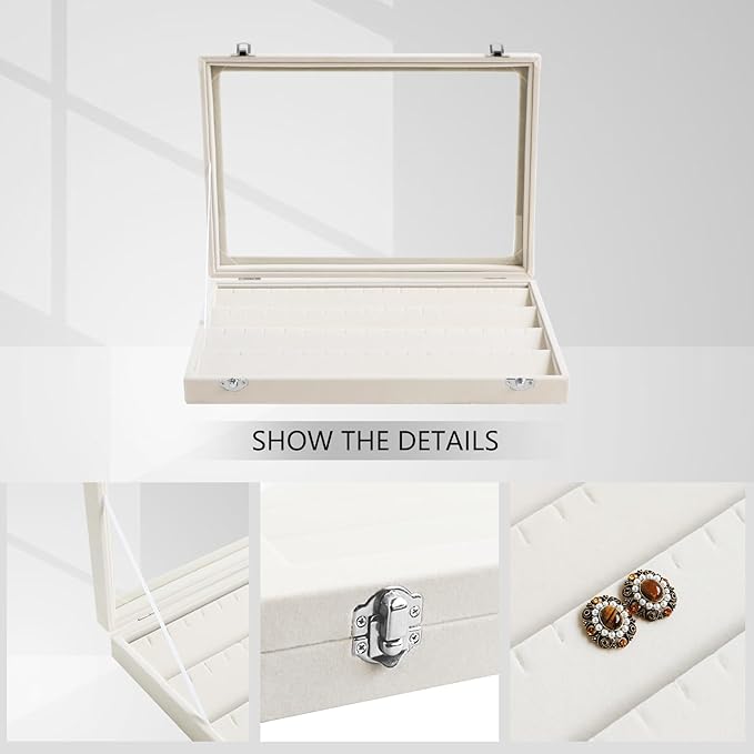 Wudygirl Jewelry Organizer Velvet Earring Organizer with Clear Lid 32 Pairs Earring Holder Jewelry Tray Display Case (Beige 64 Slot)