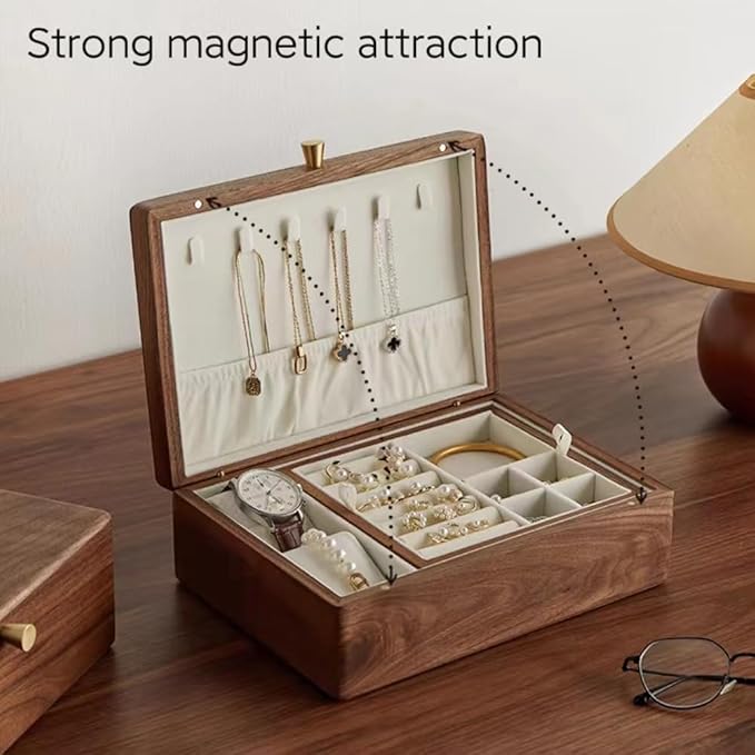 Bescott 2 Layer Solid Black Walnut Wooden Jewelry Box for Women Wood Vintage Organizer for Men Earrings Rings Necklaces Bracelet Watch Storage Mother's Day Gift
