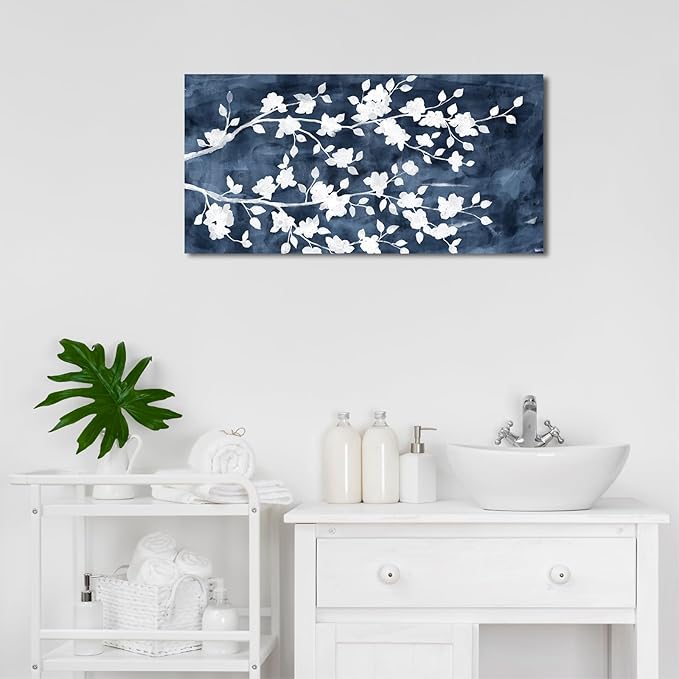 NINEASO Abstract Flowers Canvas Wall Art - Gray White Tree Floral Branches Pictures Wall Decor White Blossom Deep Indigo Blue Background Painting Artwork for Living Room Bedroom Home Decor 20" X 40"