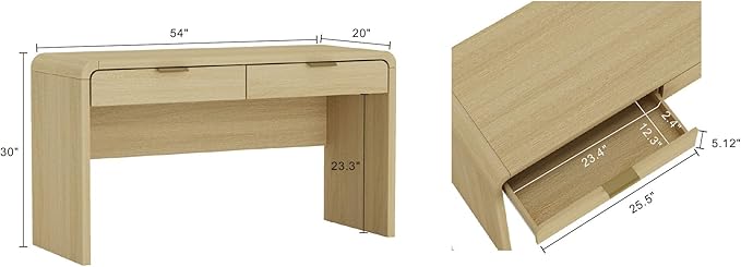 Manhattan Comfort Grace 54" Modern Home Office Desk with Drawers, Metal Handles, and Ample Workspace, Stylish Wood Table for Writing, Vanity, Work or Study, Natural Oak & Gold