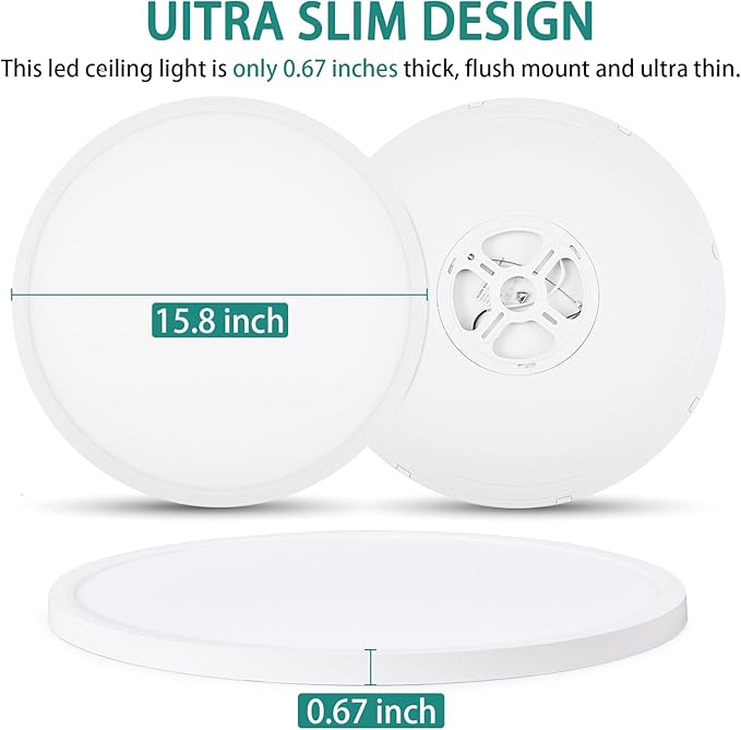 16'' Dimmable LED Ceiling Light Fixture, Ultra Thin Flush Mount, 28W 2800Lumen, 3 Color Changeable, Round, White, for Dining Room, Kitchen, Bedroom, Office, Hotel
