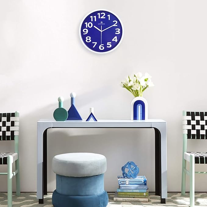 Lafocuse 12 Inch 3D Numbers Blue Wall Clock for Living Room Decor, Modern Kitchen Wall Clock Battery Operated Silent Non-Ticking Bedroom Home Office