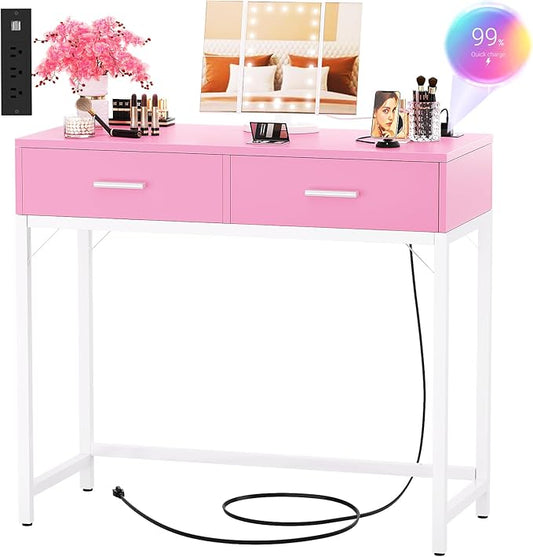 Cyclysio Vanity Desk with Mirror and Lights, 36'' Makeup Vanity Desk with Power Outlet, Small Vanities Set Dressing Table with Drawers for Bedroom, Pink