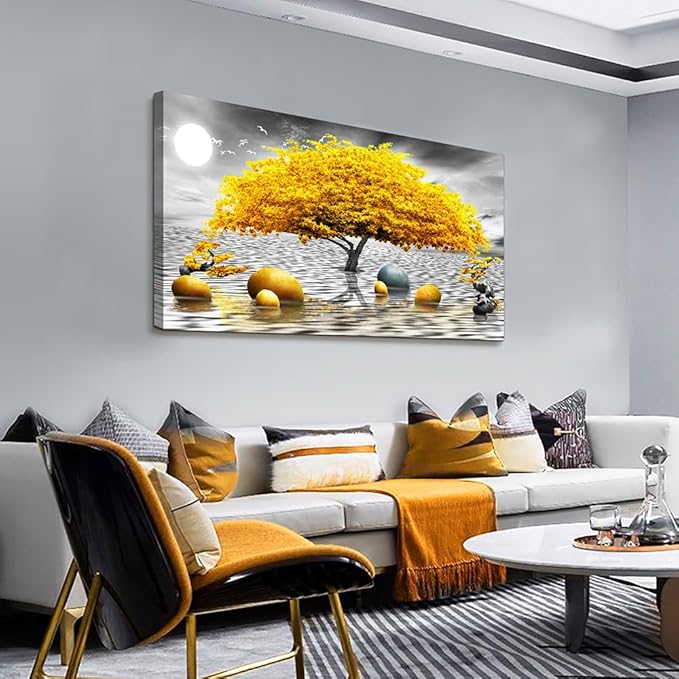 Wapluam Farmhouse Canvas Wall Art For Living Room Large Wall Decor Art For Office Black And White Wall Painting Yellow Tree View Wall Pictures Framed Prints Artwork Bedroom Home Decoration 30"X60"