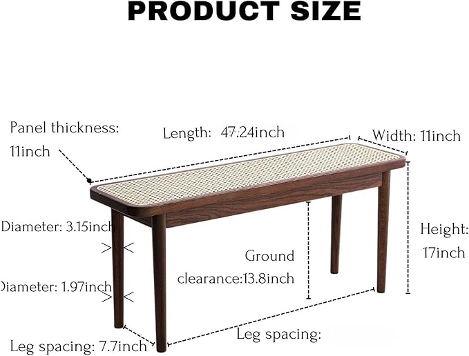 47.2'' Natural Rattan Dining Bench with 100% Solid Oak Wood Bench Frame, Bed End Shoe Ottoman for Kitchen Bedroom Entryway, Walnut