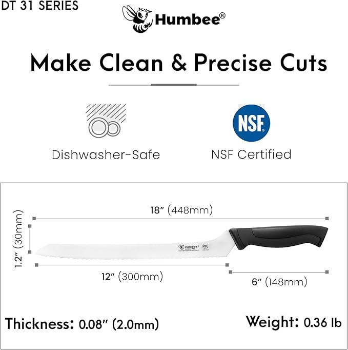 12-Inch Offset Serrated Bread Knife, Premium High Carbon Stainless Steel Blade Knife for Bread with Ergonomic Handle, NSF Certified, DT-31 Series, Black