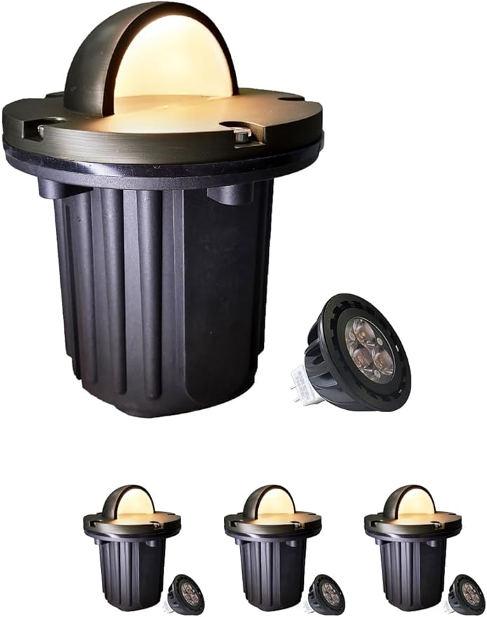 MALORY Brass Top Cover Landscape Well Lights,（6‘’H 12V Low Voltage Outdoor In Ground Lights,Landscape Lighting for Pathway, Driveway and Garden (Beacon Top, 4-Pack with Bulb)