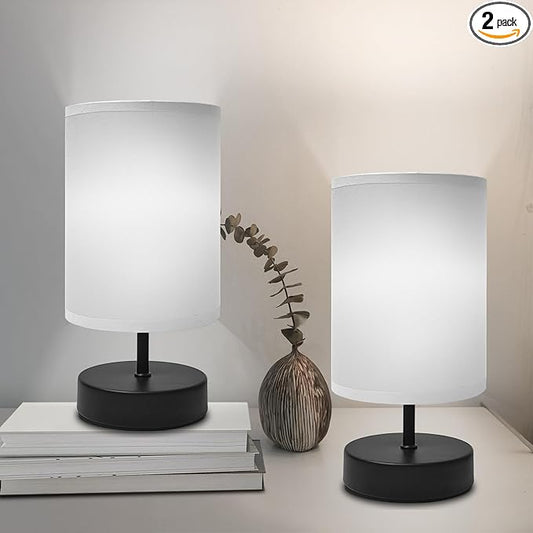 Small Lamp for Bedroom, Bedside Lamps for Night Stands, Mini Minimalist Table Lamp with Round Gray Fabric Shade, 9 Inch Desk Reading Lamp for Dorm Room Living Room Office Room, 2 Pack