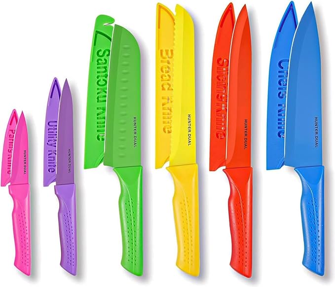 Knife Set, 12-PC Colorful Kitchen Knife Set, 6 Sharp Kitchen Knives with Built-in Sharpener Covers for Cooking, Cutting&Chopping (Multicolor)