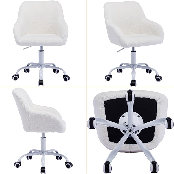 Kids Desk Chair Faux Fur Upholstered Swivel Reading Chair, Cute Adjustable Study Chair with White Wheels for Reading Room Bedroom, White