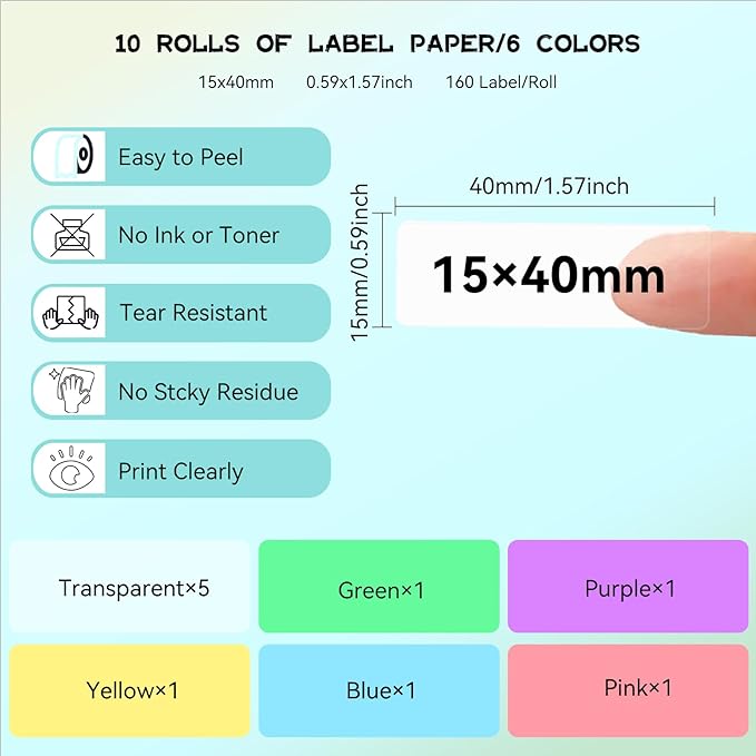 Label Maker Tape Refill 15mm 0.47 Standard Laminated Thermal Label Tape Replacement 0.59"×1.57"(15×40mm), 1650 Labels/10Rolls/Pack, High Definition Labeling Tape for Home Office School Hotel