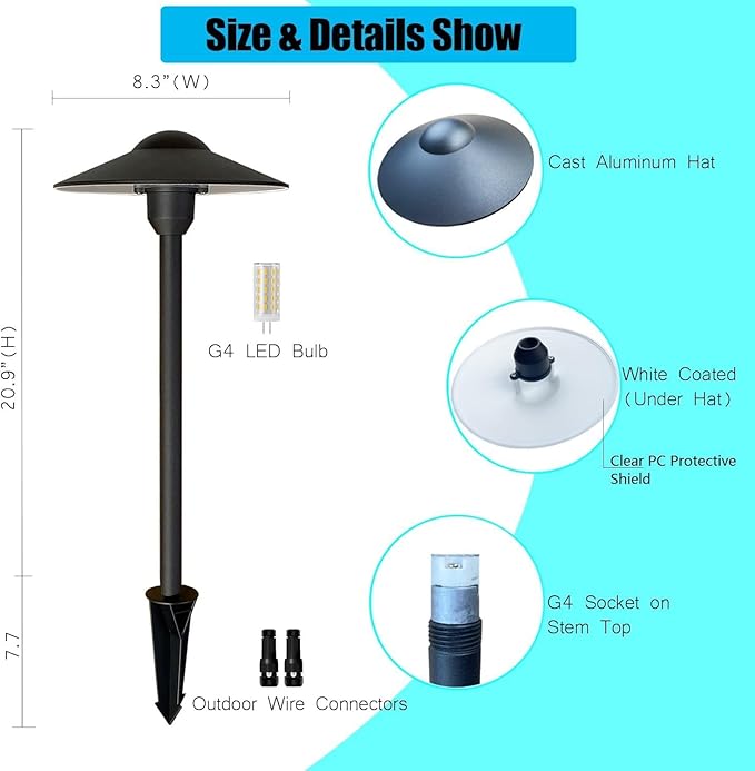 Low Voltage Pathway Lights,Cast Aluminum Landscape Lighting Path Light Garden Driveway Walkway Lighting 12-24V Replaceable G4 LED Bulb Wire Connectors Included 2-Pack Black Finish Round Hat