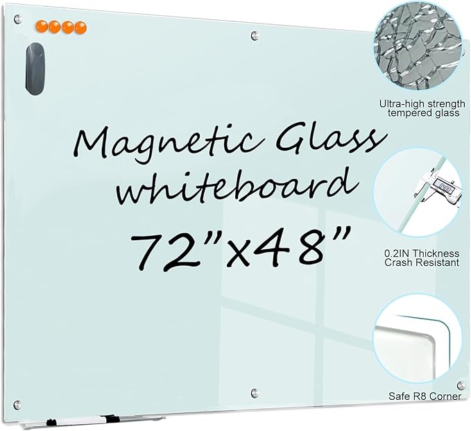 Magnetic Glass Whiteboard - 72"X48" Dry Erase White Board Frameless Glass Boards with Super Strong Magnets, Wall Mounted for Office, School and Home
