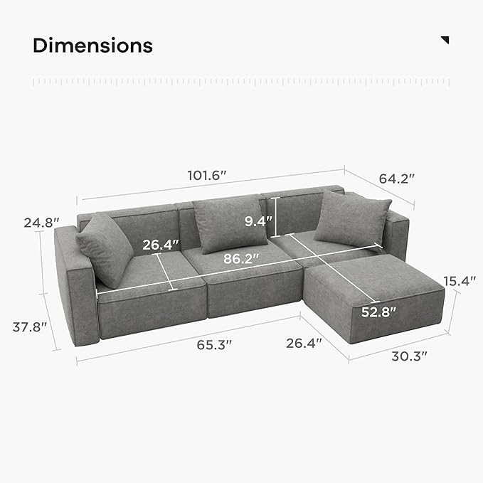 Acanva Luxury Modular Sectional Living Room Sofa Set, Modern Minimalist Style Couch with Ottoman and Chaise, L-Shape, Grey