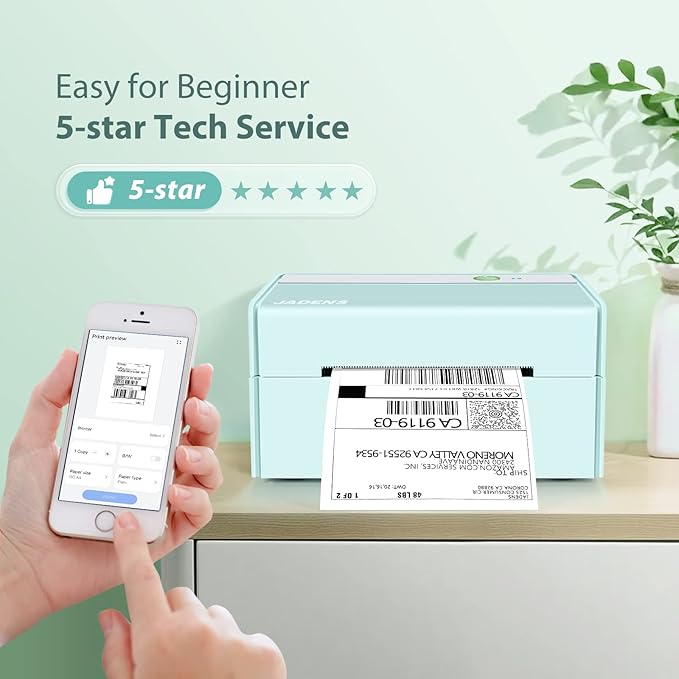 JADENS Bluetooth Thermal Label Printer -Wireless Shipping Label Printer for Small Business & Package, USPS, Etsy, Amazon, Compatible with iPhone, Windows, Android, 4x6, Label Maker, Green