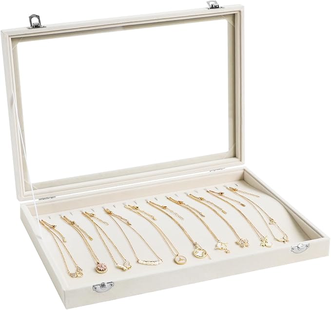 Wudygirl Necklace Organizer with Clear Glass Lid Stackable Jewelry Organizer Tray with 20 Hooks for Necklace Bracelet(Beige Necklace Box)