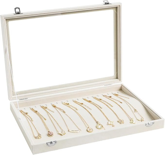 Wudygirl Necklace Organizer with Clear Glass Lid Stackable Jewelry Organizer Tray with 20 Hooks for Necklace Bracelet(Beige Necklace Box)