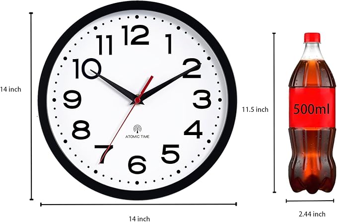 Atomic Wall Clock 14 Inch, Modern Clock Battery Operated Classic Analog Decorative for Kitchen, Living Room, Office, Bedroom, Bathroom (Black)