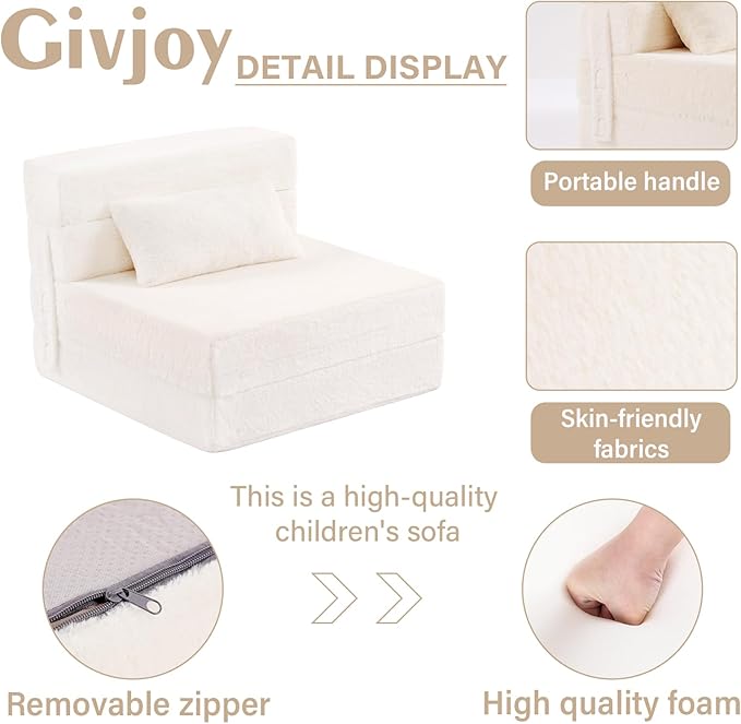 Folding Sofa Bed Beige Floor Mattress for Kids with Pillow, Toddler Washable Folded Floor Nap Mat Futon, Child Fold Up Sofa Folding Chair Bed with Storage Bag for Girls and Boys