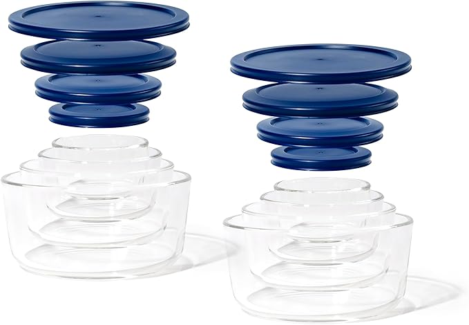 16-Piece Glass Food Storage Containers Set (8 Containers + 8 Lids) | Round, Nesting, Microwave & Dishwasher Safe | BPA-Free, Space-Saving | Blue Lids for Pantry & Kitchen Organization