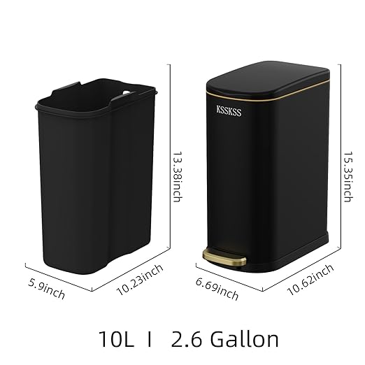 2.6 Gallon Slim Bathroom Trash Can with Soft Close Lid, 10L Stainless Steel Garbage Can with Removable Liner Bucket, for Narrow Spaces, Bathroom, Bedroom (Matt Black)