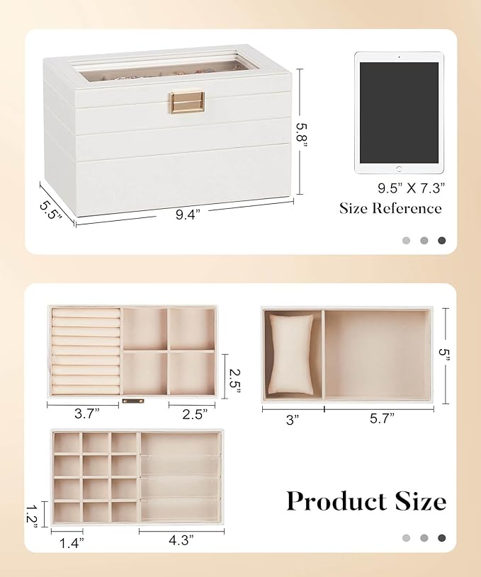 Homde Jewelry Tray Stackable Jewelry Box with Glass Lid, Removable Dividers for Vanity Table Gift Idea for Girls and Women (White)