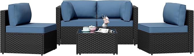 Shintenchi 5 Pieces Outdoor Patio Sectional Sofa Couch, PE Wicker Furniture Sets, Patio Conversation Sets with Washable Cushions Glass Coffee Table for Garden, Poolside, Backyard, Aegean Blue