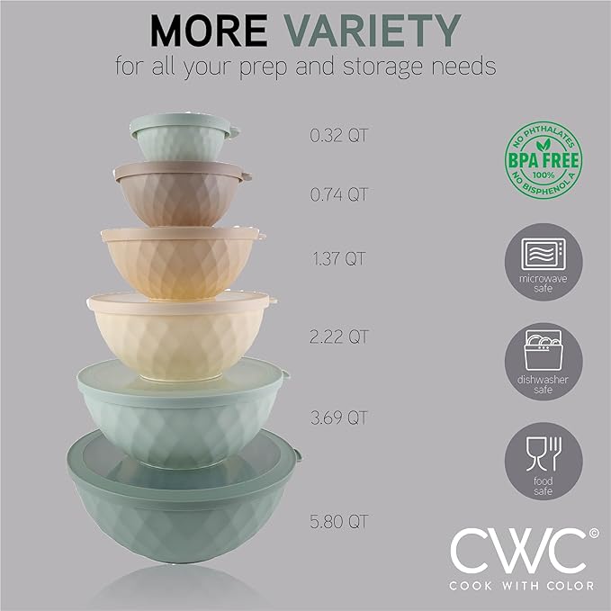 COOK WITH COLOR Mixing Bowls with Lids - 12 Piece Plastic Nesting Bowls Set includes 6 Prep Bowls and 6 Lids, Diamond Design - Microwave Safe (Mint)
