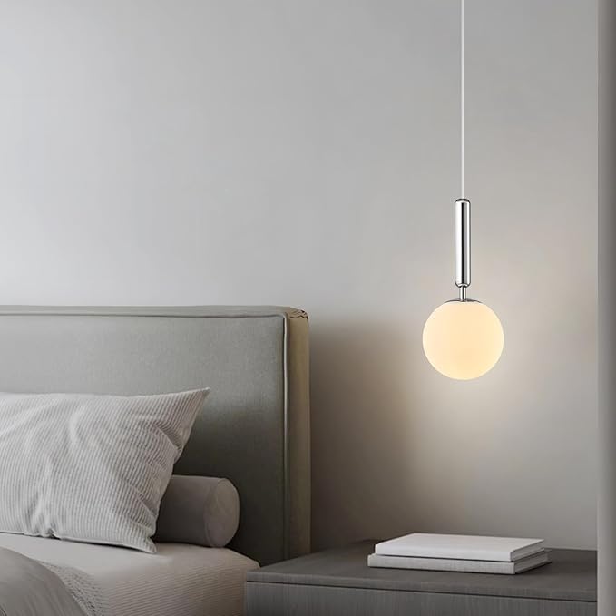 Modern Hanging Light Fixture Pendant Lighting for Kitchen Island Mid Century Chrome Pendant Lights with Globe Milky White Glass Pendant Light for Bedroom Bathroom Entryway (2 Pack)