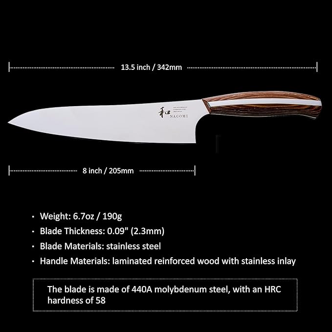 NAGOMI] 8 inch Chef Knife | Stainless Steel HRC58 Professional Japanese Kitchen Cooking Knife with Ergonomic Handle for Thick Meat and Fish | Stylish Gift Box