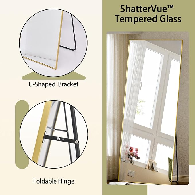 BEAUTYPEAK Full Length Mirror with Stand, 56"x21" Floor Mirror with Aluminum Alloy Thin Frame, ShatterVue Tempered Full Body Mirrors, Free Standing or Wall-Mounted Mirrors for Living Room, Gold