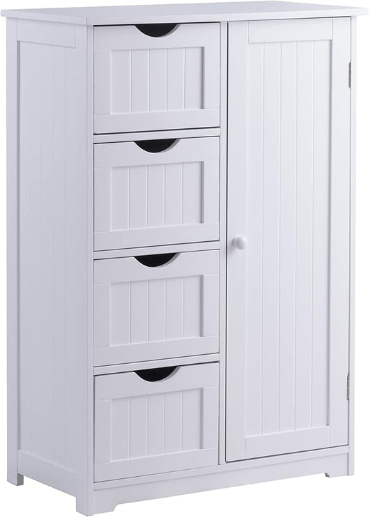 GLACER Bathroom Floor Cabinet, Multifunctional Storage Cabinet with 4 Drawers and 1 Door, Wooden Side Storage Organizer for Bathroom, Living Room or Kitchen, 22 x 12 x 32 inches (White)