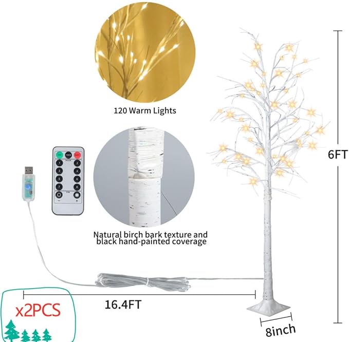 Lighted Tree,2 Pack 6 Ft 240 Led Warm White Birch Tree Light Detachable Tree Light Fairy Light Spirit Tree Fall Decor for Home Twinkling Tree Party Bedroom Wedding Thanksgiving Christmas Decorations