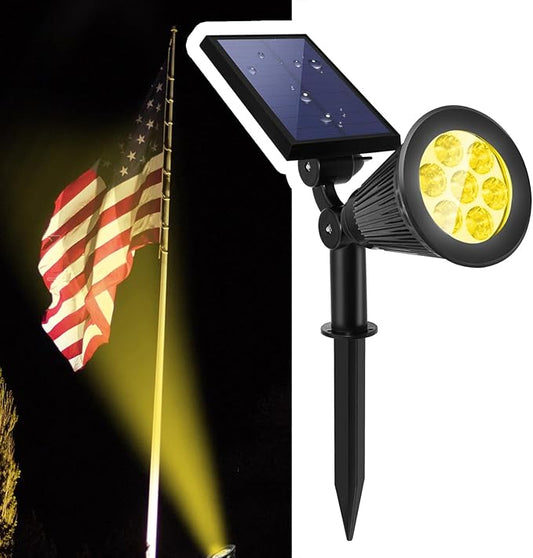 Solar Landscape Spotlights Outdoor, Bright 7-LED Spot Lights, Dusk-to-Dawn Waterproof Solar Powered Flag Pole Lights, Adjustable 2-in-1 Wall/Ground Lighting for Tree House Yard Garden (Warm White)