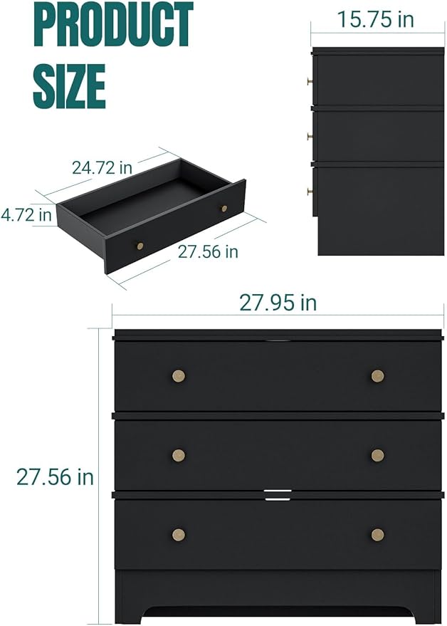3 Drawer Nightstand with Charging Station,28" Farmhouse Night Stand & Modern Bedside Table, Wood End Table Storage Cabinet for Hallway, Entryway,Black Set of 2