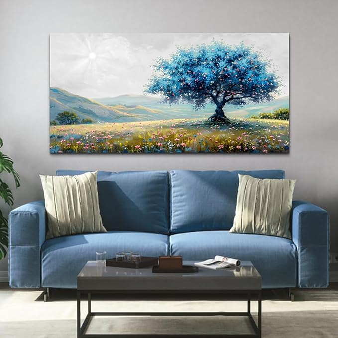 FUHAIHUA Canvas Wall Art For Living Room Large Wall Decor For Office Bedroom Decorations Pastoral Landscape Pictures Blue Tree Painting Artwork Modern Room Wall Mural Aesthetic Home Decor 30x60 In