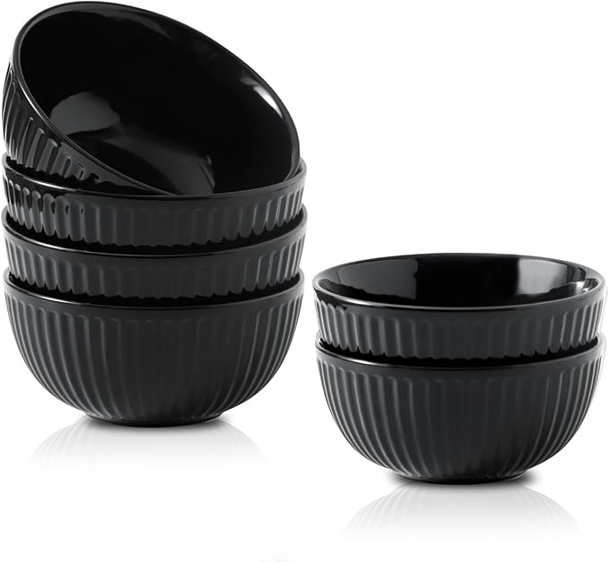 Hasense Soup Bowls Set Ceramic 24 Oz - 6 Inch Cereal Bowl Set of 6 for Kitchen,Modern Ribbed Black Porcelain Dishes for Entertaining,Soup,Oatmeal,Pasta,Cereal,Noodle - Dishwasher & Microwave Safe