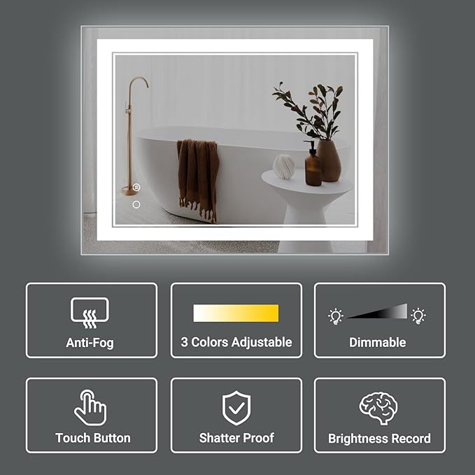 55" x 32" LED Bathroom Mirror LED Wall-Mounted Anti-Fog Mirror Mirror with Lights LED Vanity Mirror Dimmable Lighted Mirrors