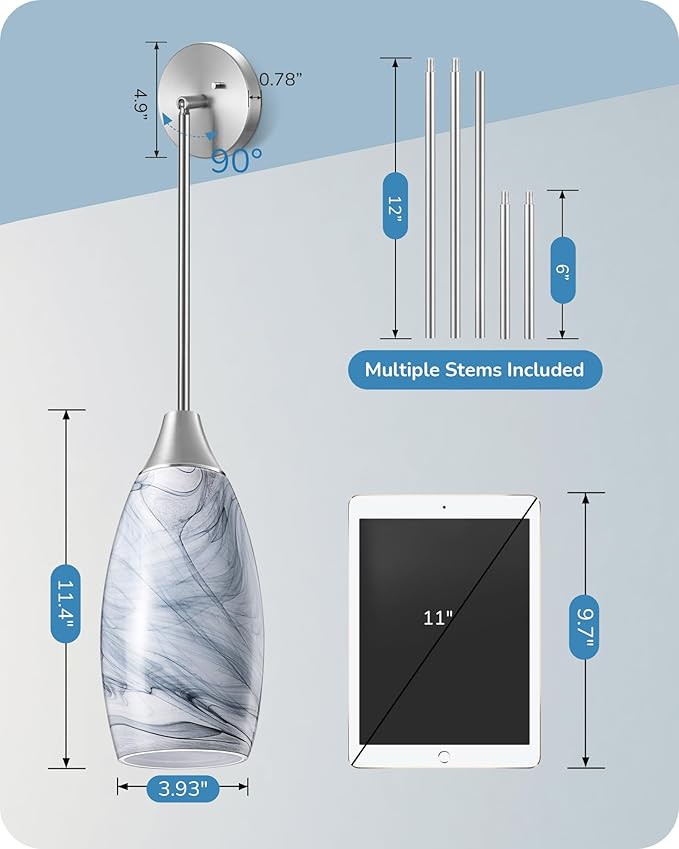 EDISHINE Pendant Light Fixture, Handcrafted Art Glass Hanging Light, Hardwired Ceiling Light, Grey Marble Glass Shade, Adjustable Brushed Nickel Rods, E26 Base, Pendant Lamp for Kitchen Island, Bar