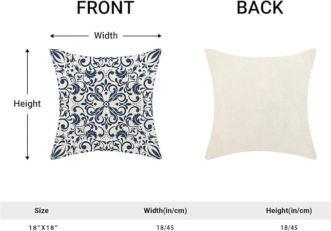Navy Blue Boho Pillow Covers 18x18 Set of 2, Bohemian Ethnic Design Carpet Pattern Decorative Throw Pillows Linen Blue Print Farmhouse Cushion Pillow Covers for Sofa Couch Outdoor Decor