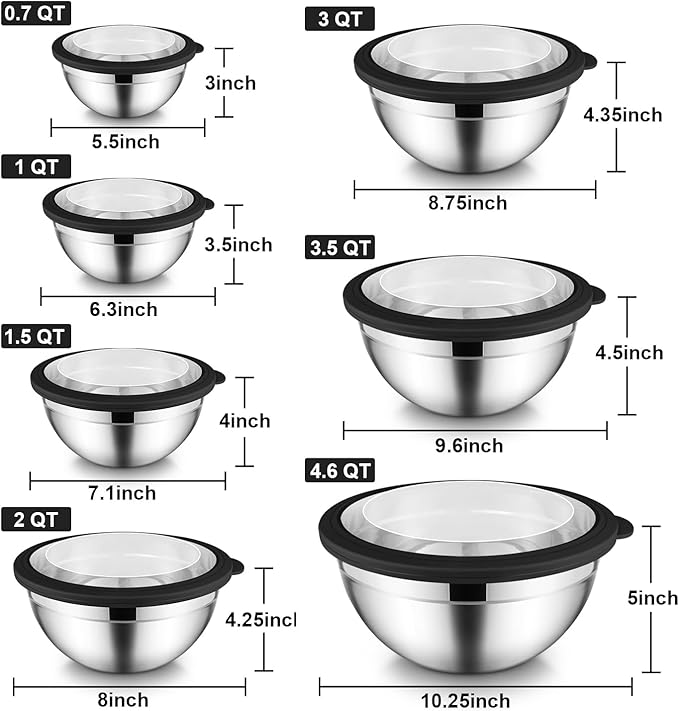 E-far Mixing Bowls Set of 7, Stainless Steel Mixing Bowls with Airtight Clear Lids, Metal Nesting Bowls for Kitchen Prep, Baking, Serving, Dishwasher Safe, Size 4.6, 3.5, 3, 2, 1.5, 1, 0.7QT, Black