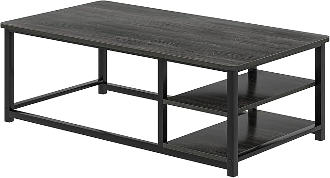 EXCEFUR Coffee Table, Rustic Wood and Metal Living Room Table with Adjustable Storage Shelf, Dark Grey, 47 Inch