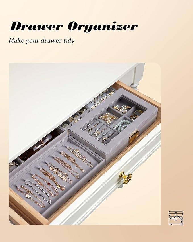 Homde Jewelry Tray Stackable Jewelry Box Drawer Organizer with Glass Lid, Removable Dividers for Vanity Table Gift Idea for Girls and Women (Gray)