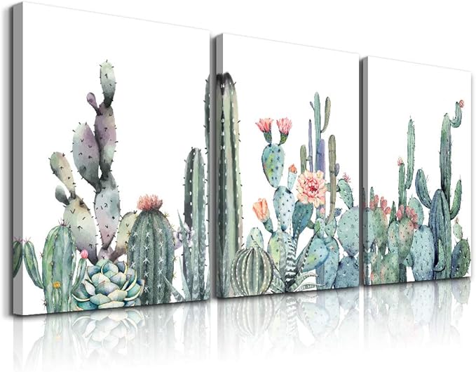 Canvas Wall Art for bedroom living room Canvas Prints Artwork bathroom Wall Decor Green plants cactus flower watercolor painting 16" x 24" 3 Pieces modern Framed Ready to hang Office Home Decoration