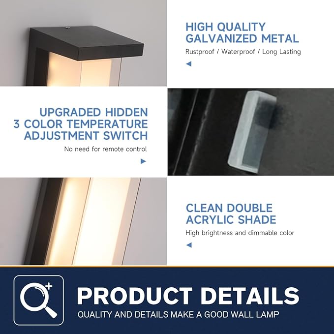 FUPE 24W LED Outdoor Wall Lights 3 Color Exterior Wall Sconce Outside Light Fixtures Exterior Porch Wall Lighting with Double Shade, Modern Matte Black Wall Lamps for Patio Front Door Entryway, 1-Pack