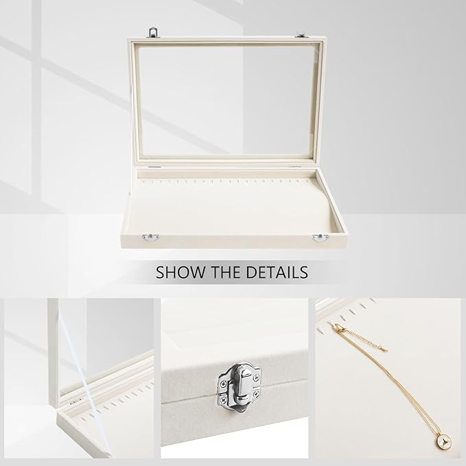 Wudygirl Necklace Organizer with Clear Glass Lid Stackable Jewelry Organizer Tray with 20 Hooks for Necklace Bracelet(Beige Necklace Box)