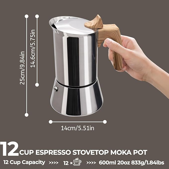 Uncoated 12 Cup Moka Pot 304 Thickened Stainless Steel Coffee Maker Stovetop Espresso Coffeemaker Italian Classic Style Brewing Greca Cafe Mocha Machine for Cafeteras Camping Travel Home 600ml 20oz