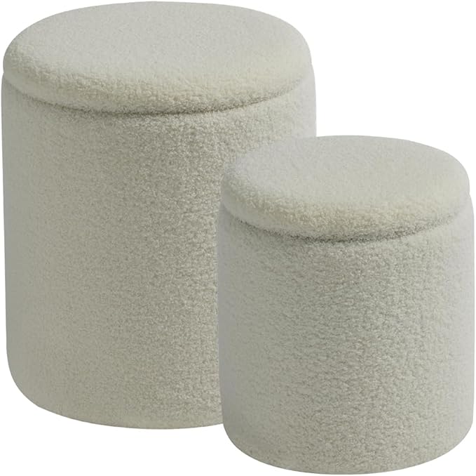 Round Ottoman with Storage Set of 2-Upholstered Sherpa Vanity Stool for MakeupMultifunctional Ottomans Coffee Table Padded Seat Foot Rest for LivingRoom&Bedroom(Sherpa White)