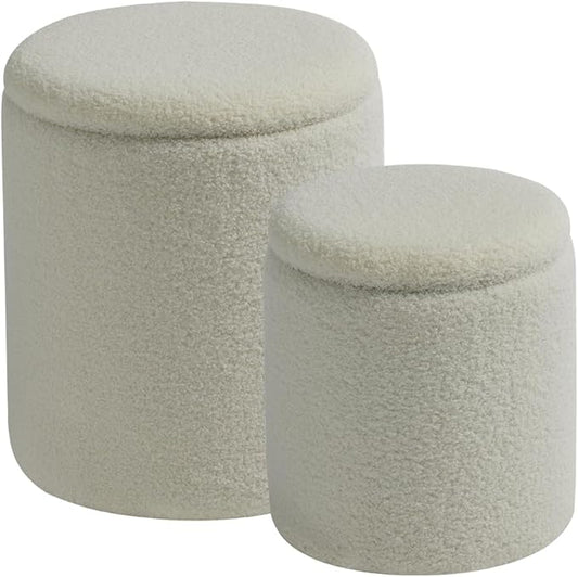 Round Ottoman with Storage Set of 2-Upholstered Sherpa Vanity Stool for MakeupMultifunctional Ottomans Coffee Table Padded Seat Foot Rest for LivingRoom&Bedroom(Sherpa White)