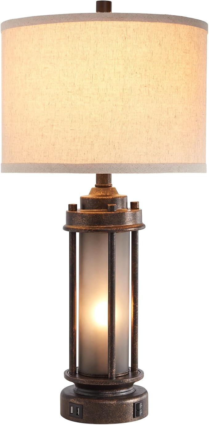 25'' Farmhouse Table Lamp with 2 USB Charging Ports, Rustic Vintage Nightstand Lamp with Frosted Glass Nightlight, Retro Desk Lamp for Living Room Bedroom End Table Entryway, 2 Bulbs Included